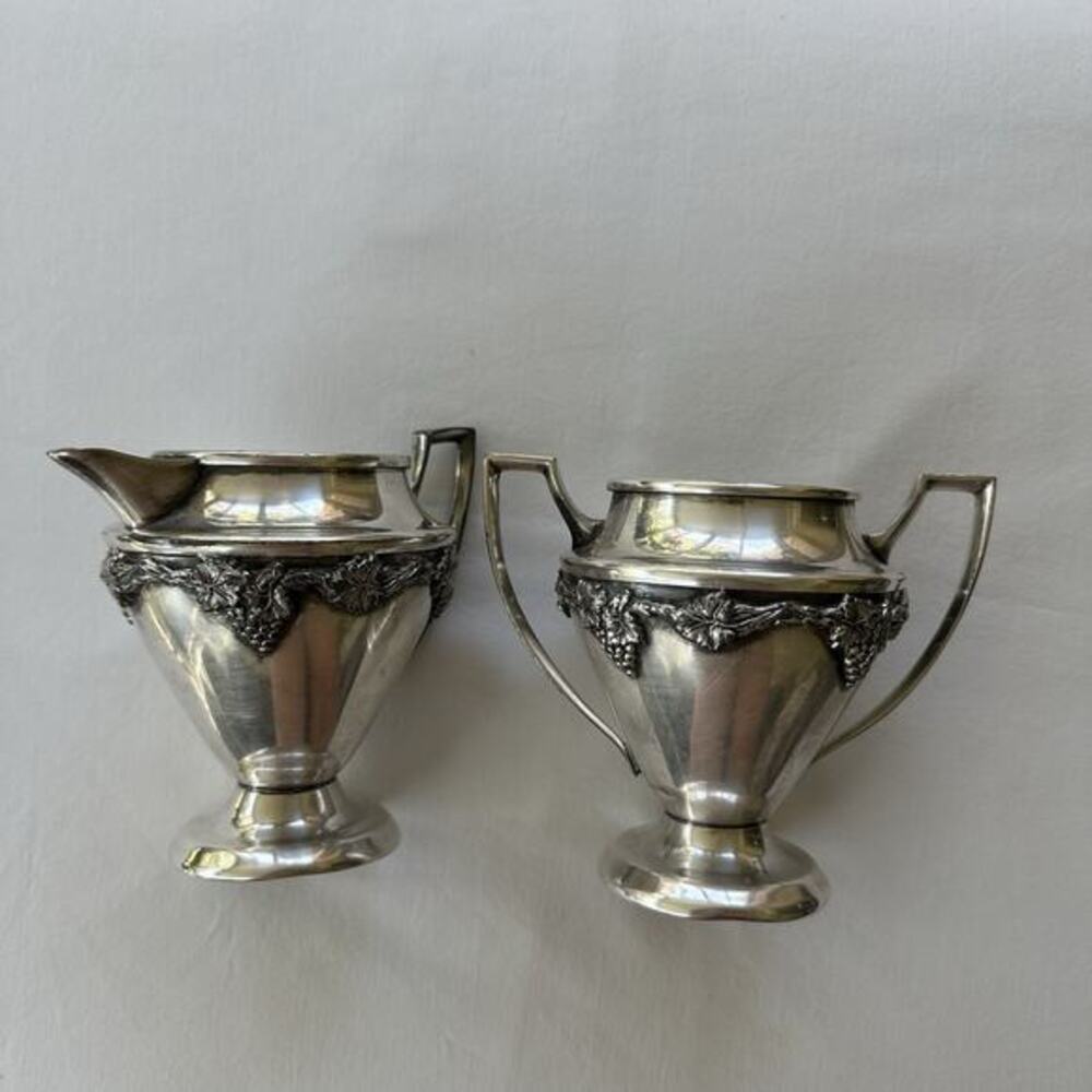 Vintage Norman Silver Co. Reproduction Silverplate Creamer & Sugar Set Grapevine
